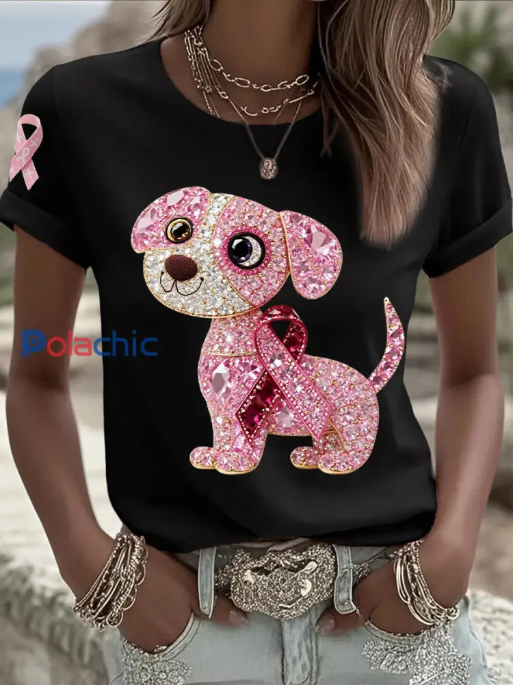 Soutien de la sensibilisation au cancer du sein pour femmes rose chien rose ruban imprimé à manches courtes haut Noir