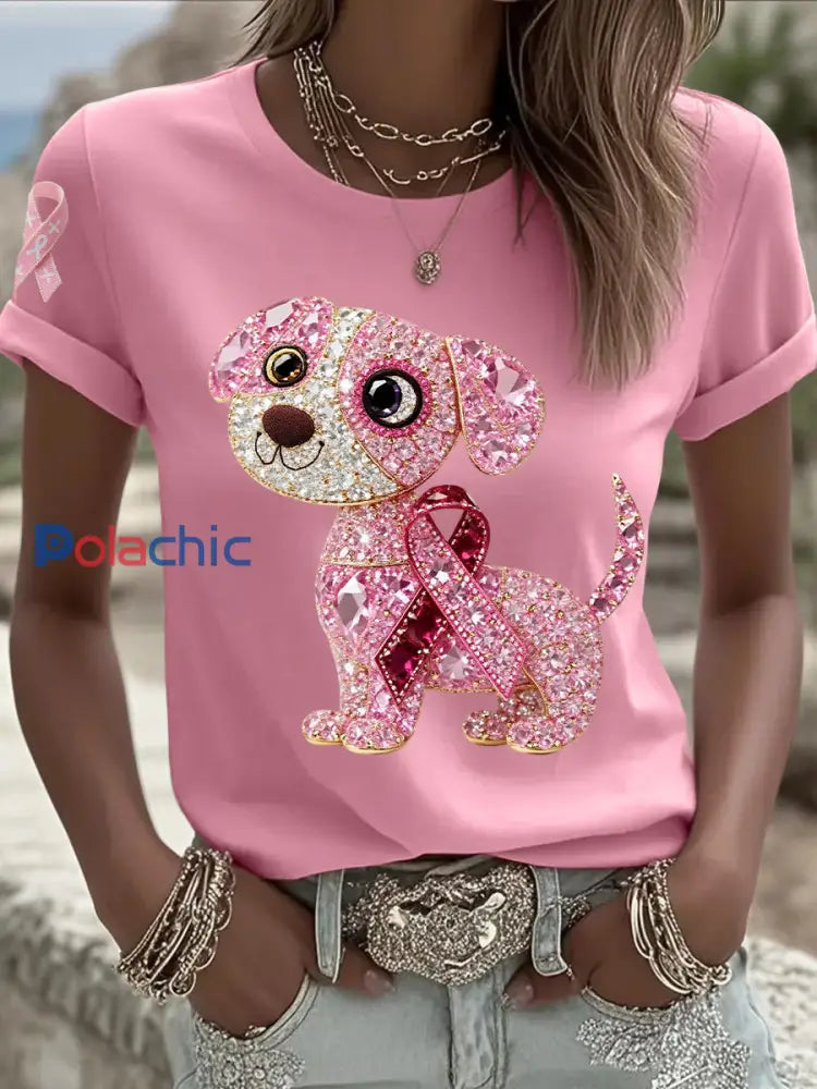 Soutien de la sensibilisation au cancer du sein pour femmes rose chien rose ruban imprimé à manches courtes haut Rose