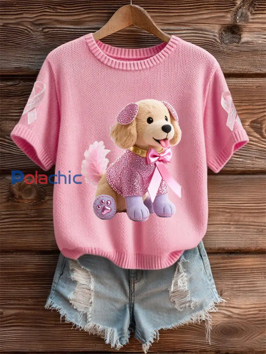 Soutien de la sensibilisation au cancer du sein pour femmes rose chien rose ruban imprimé à manches courtes haut rose