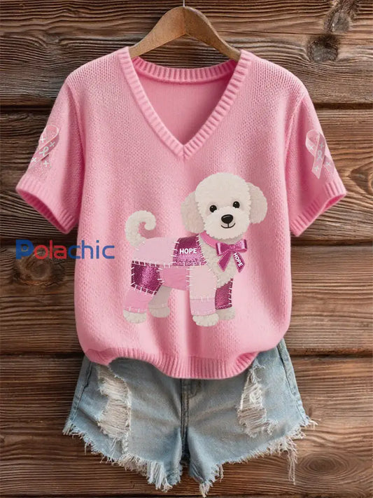 Soutien de la sensibilisation au cancer du sein pour femmes rose chien rose ruban imprimé à manches courtes haut Rose