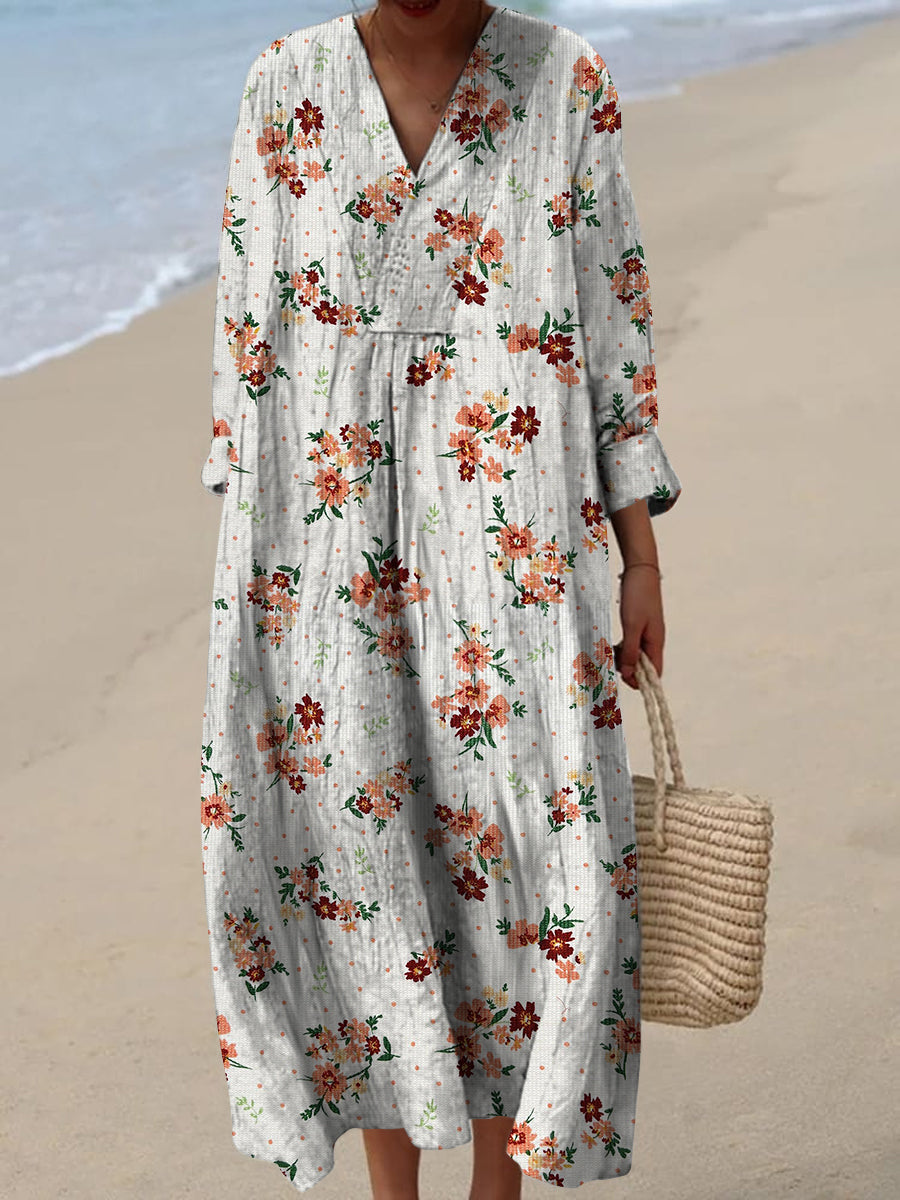 Rétro Floral Art Imprimé Col V Vintage Chic Loose Manches Longues Midi Robe