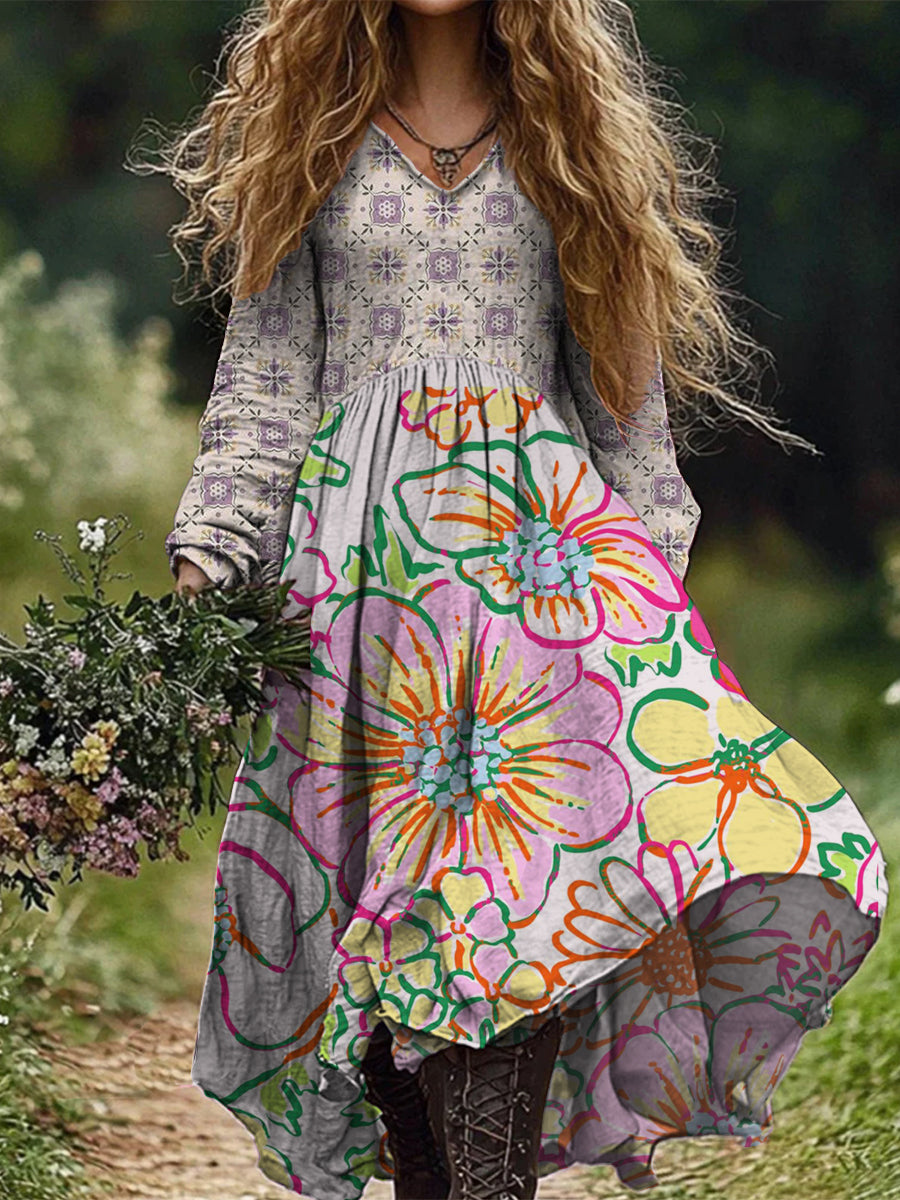 Rétro Printemps Boho Floral Imprimé Col En V Vintage Lâche Manches Longues Midi Robe