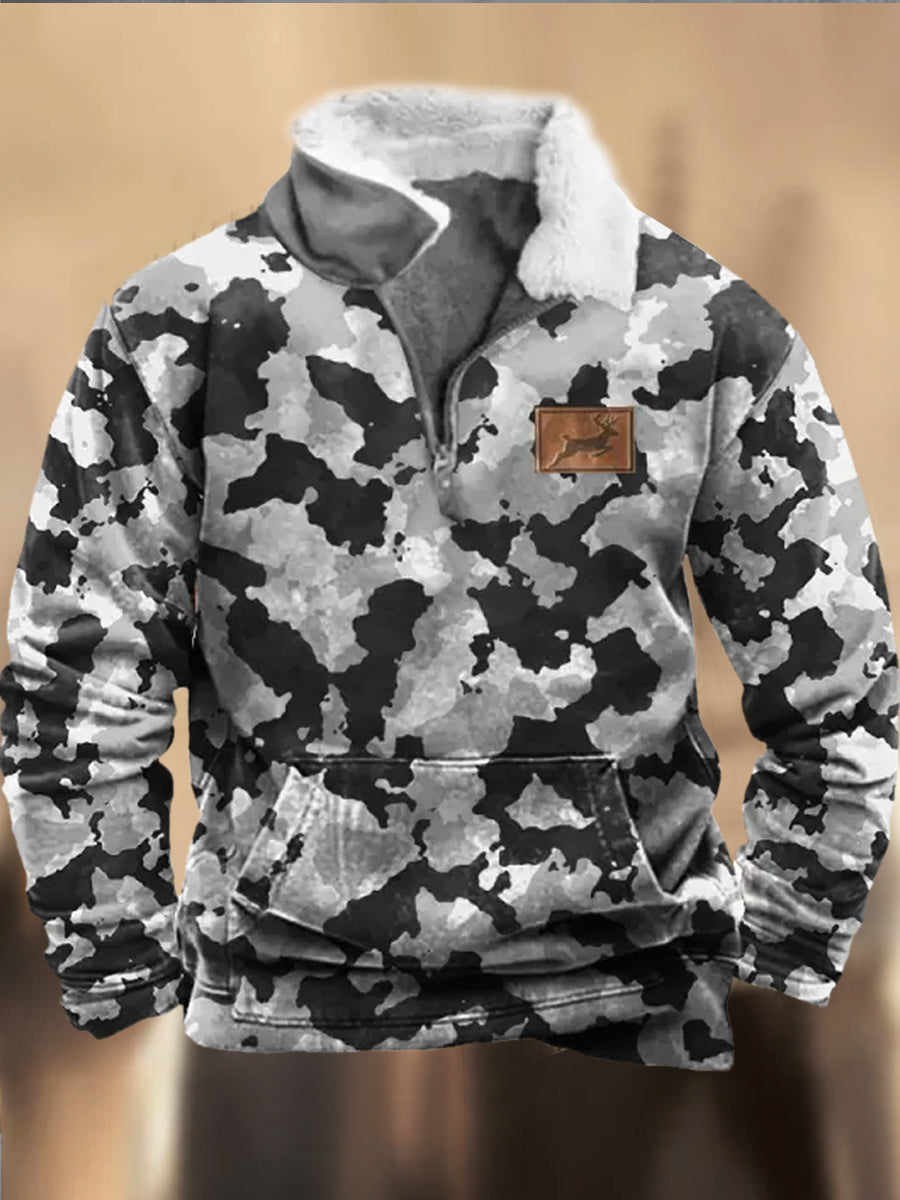 Rétro Cowboy Camouflage Motif Imprimé Western Fourrure Col V Extérieur Épais Sweat-shirt