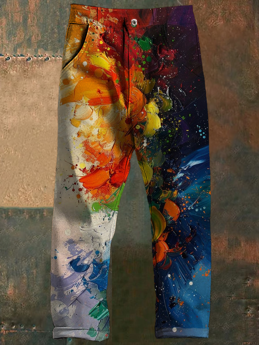 Pantalons décontractés à imprimé rétro art coloré pour hommes
