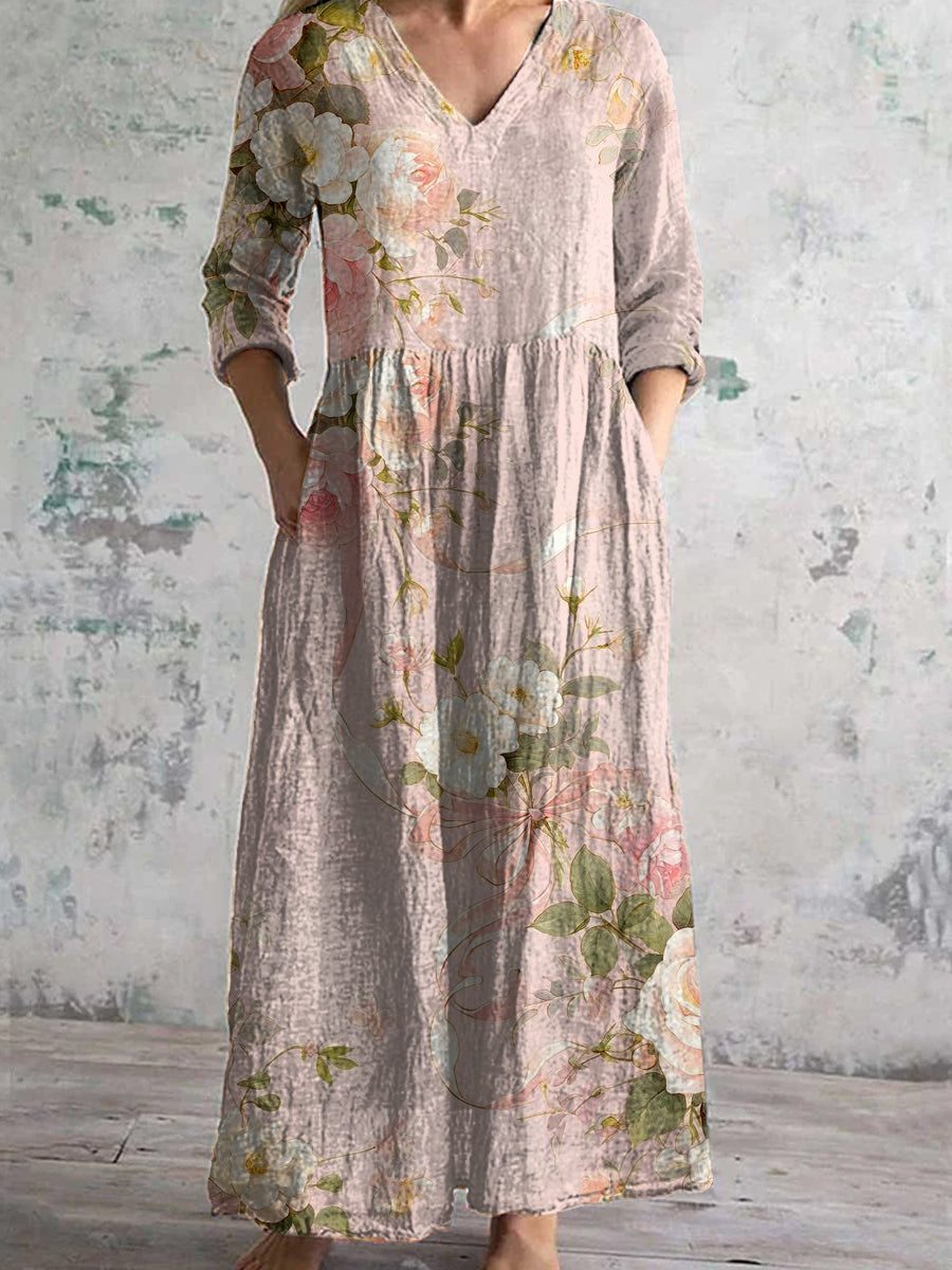 Vintage Floral Print Chic V-Neck Bohème Élégant Midi des femmes