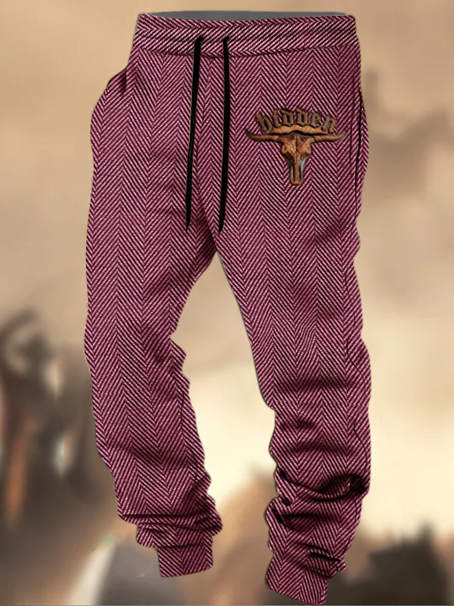 Pantalon de survêtement décontracté à rayures Logo de chasse Western Village à motif de texture rétro