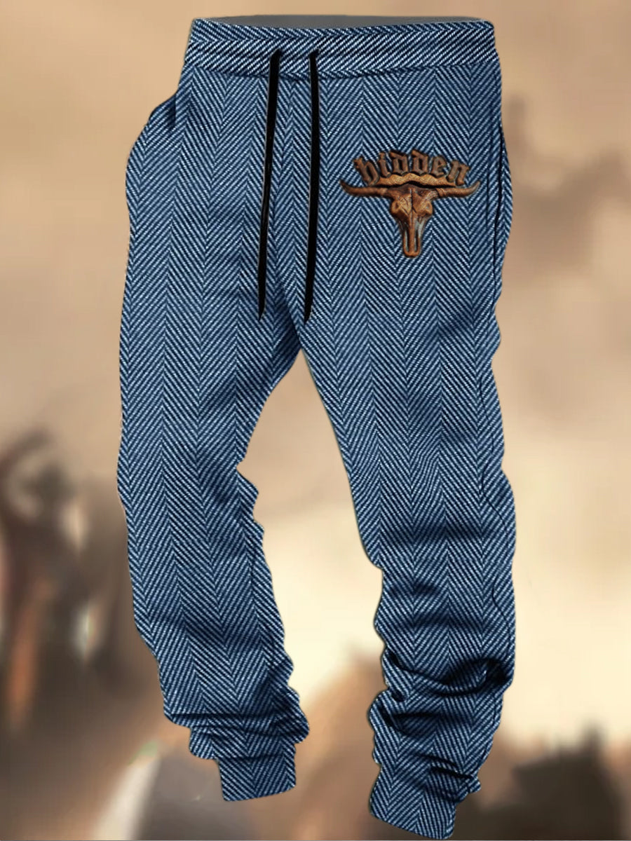 Pantalon de survêtement décontracté à rayures Logo de chasse Western Village à motif de texture rétro