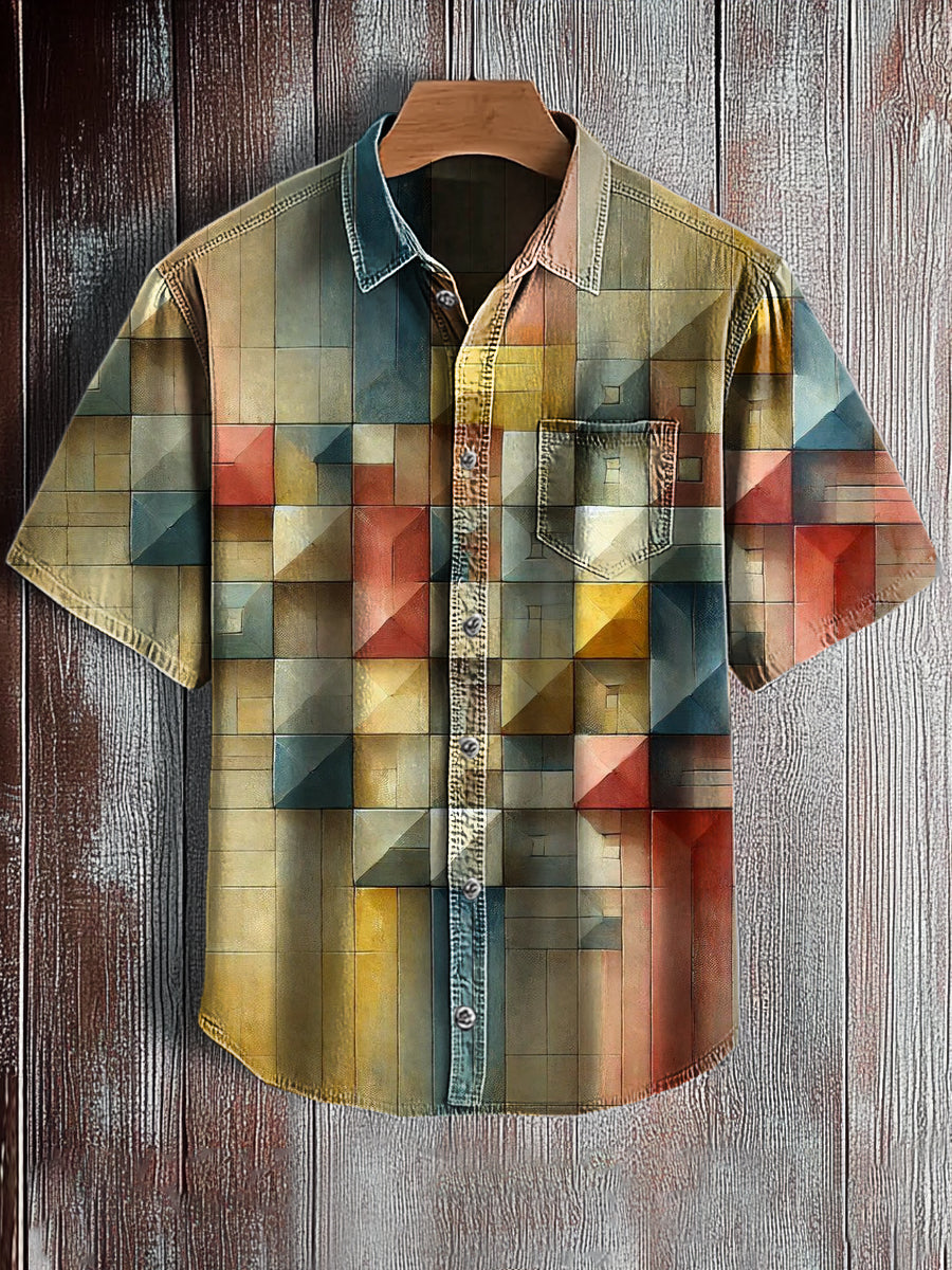 Chemise à manches courtes rétro à imprimé art abstrait pour hommes