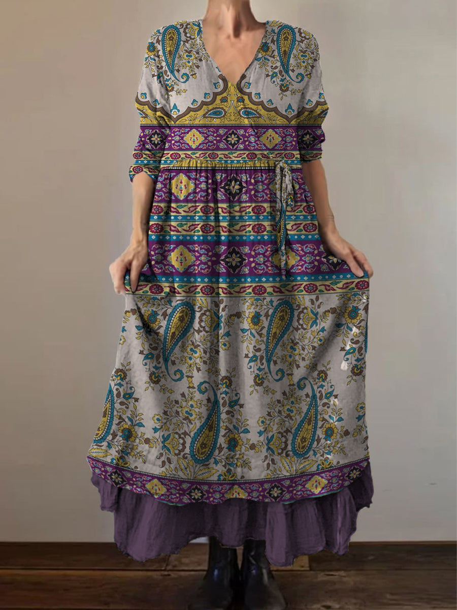 Retro Boho Floral Print Vintage col en V Double ourlet en coton à manches longues Midi Dress
