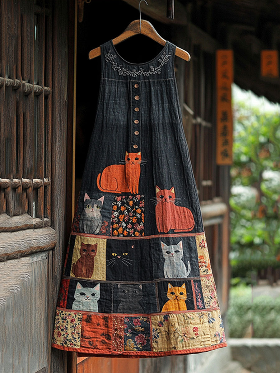 Robe imprimée design patchwork chat artistique pour femmes