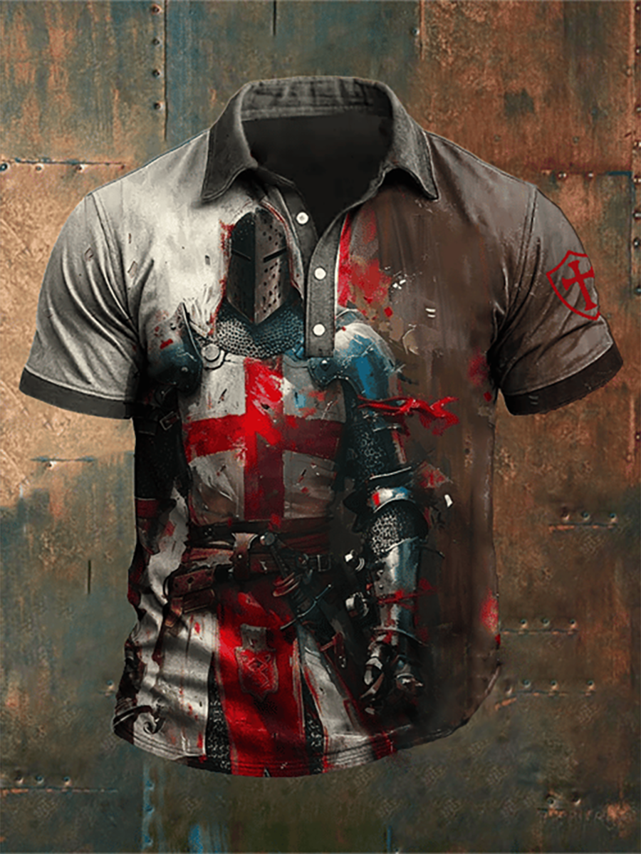 Hommes Rétro Mis Sur L'armure Complète De La Foi De Dieu Imprimé POLO Chemise