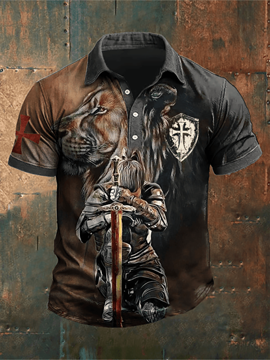 Hommes Rétro Mis Sur L'armure Complète De La Foi De Dieu Imprimé POLO Chemise