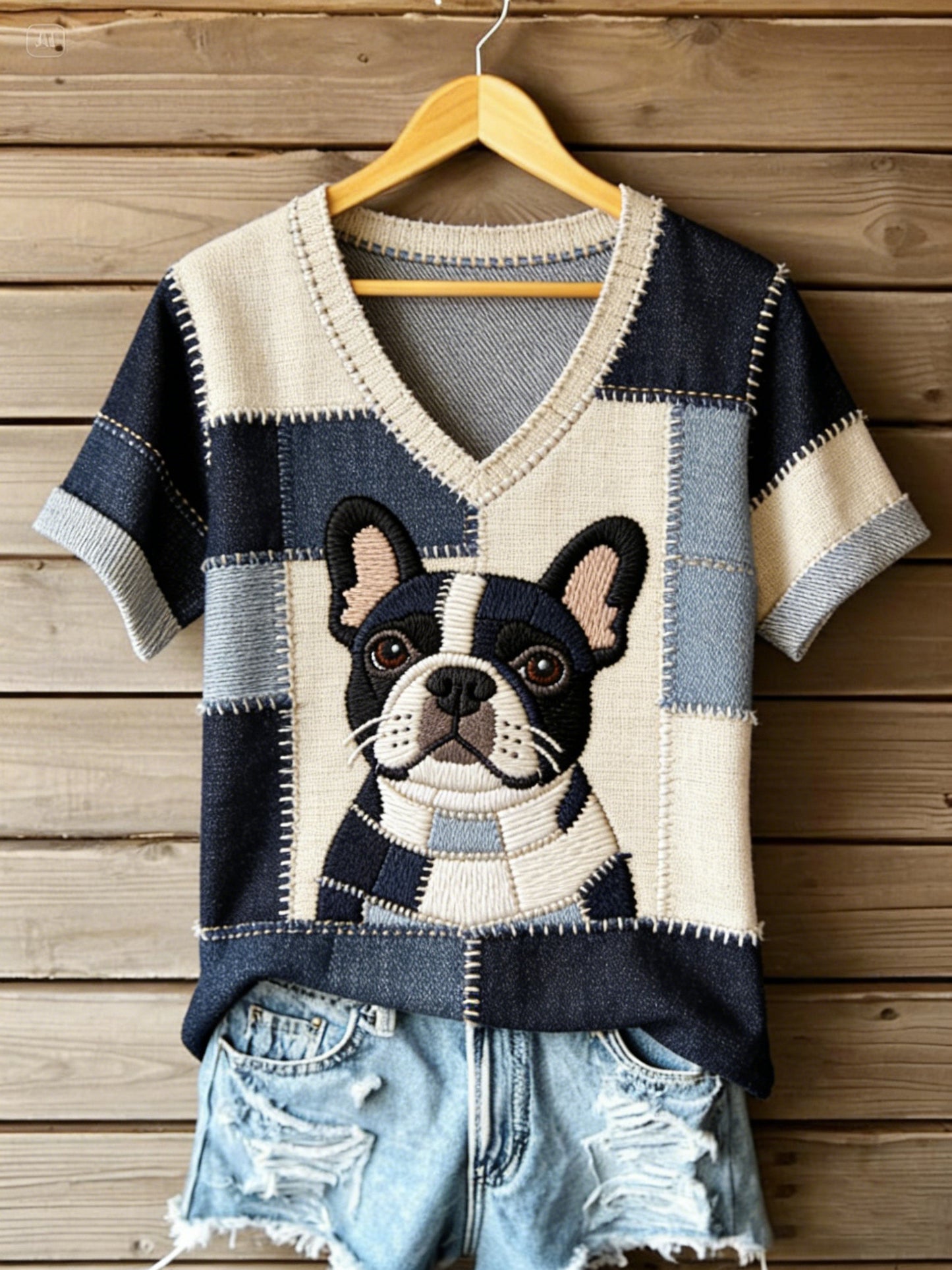 T-shirt vintage en toile pour femmes, patchwork à motifs de chiens, col en V, imprimé