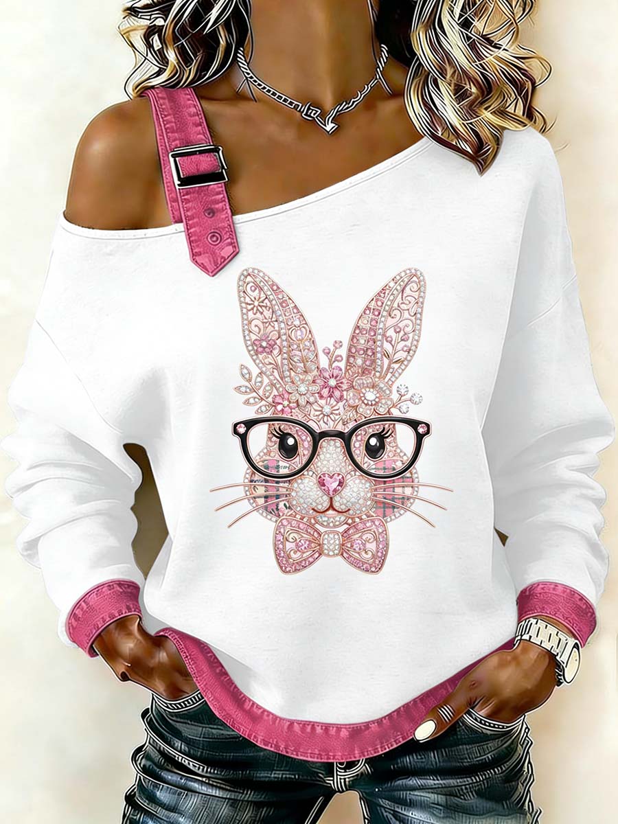 Sweat-shirt décontracté à épaules dénudées pour femme, motif lapin de Pâques, style fantaisie