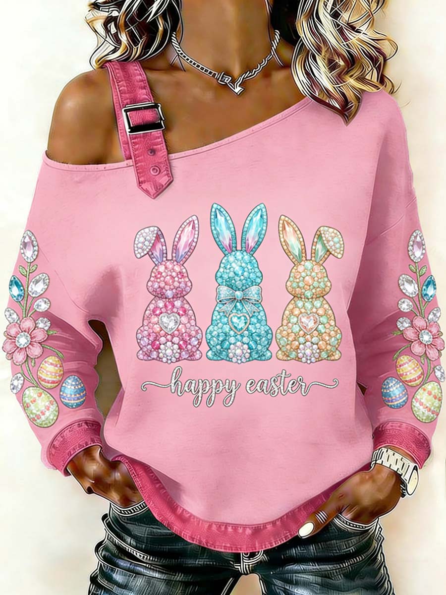 Sweat-shirt décontracté à épaules dénudées avec imprimé lapin de Pâques pour femmes