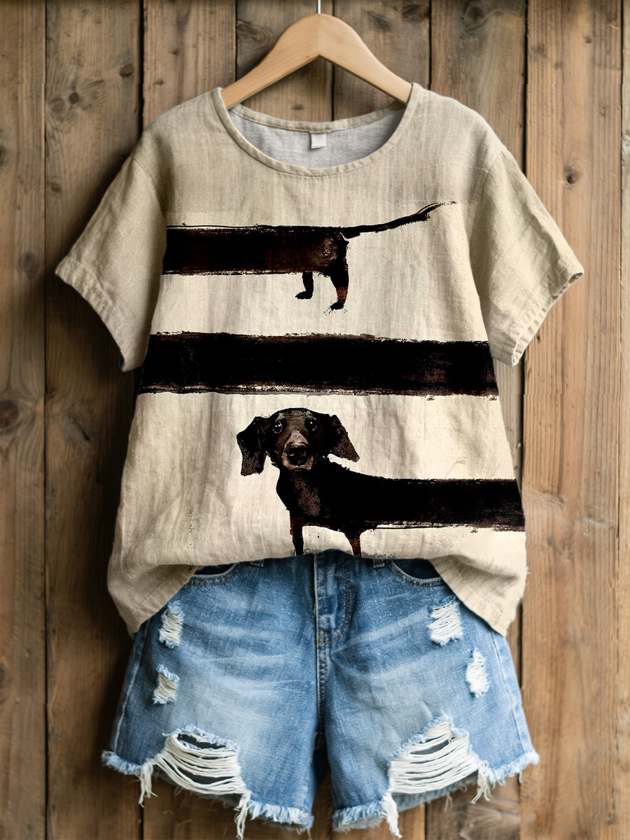 T-shirt en mélange de lin avec impression d’art représentant un teckel pour femme