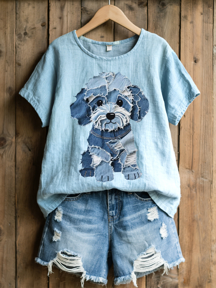 Lovely Dog Denim Patchwork Chemise en mélange de lin pour femmes