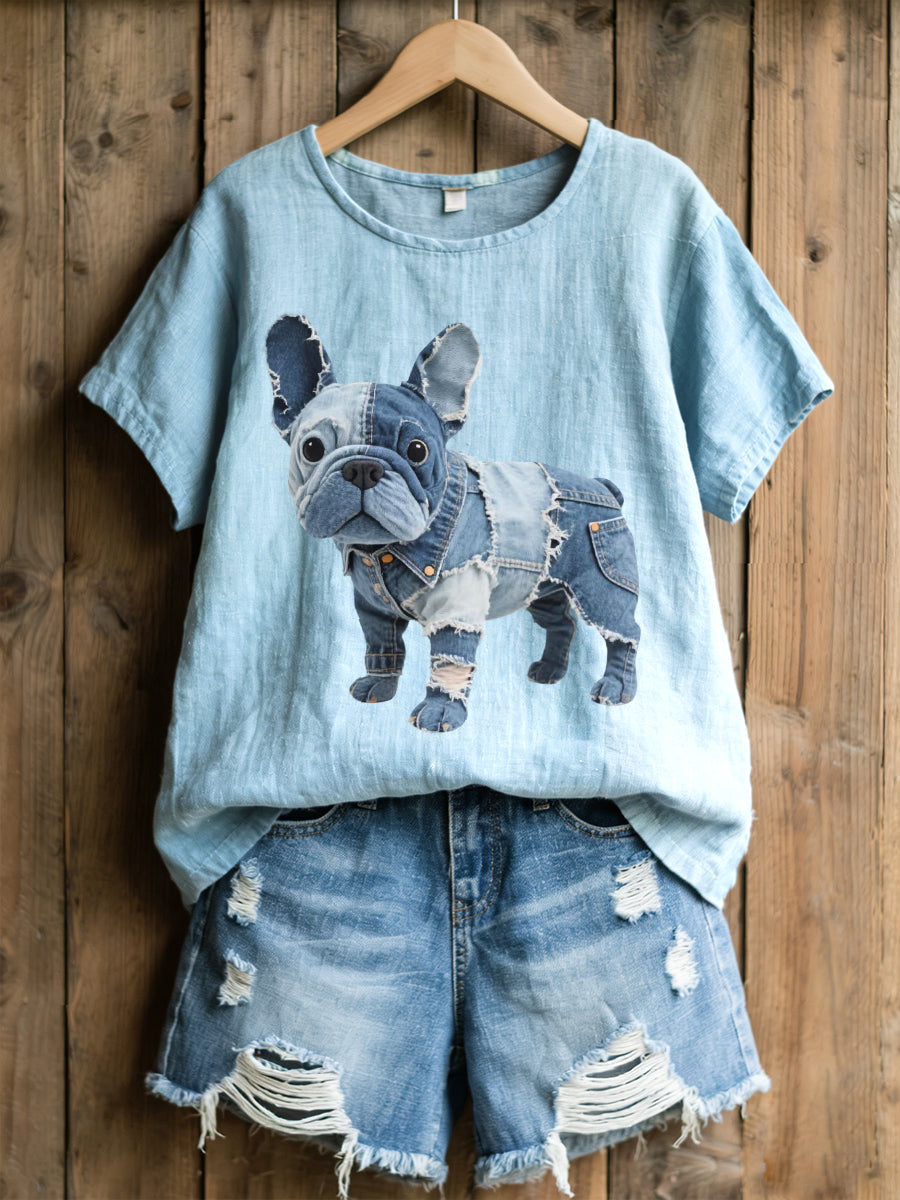 Chemise pour femme en mélange de lin, à motif patchwork en jean, représentant un adorable bouledogue français