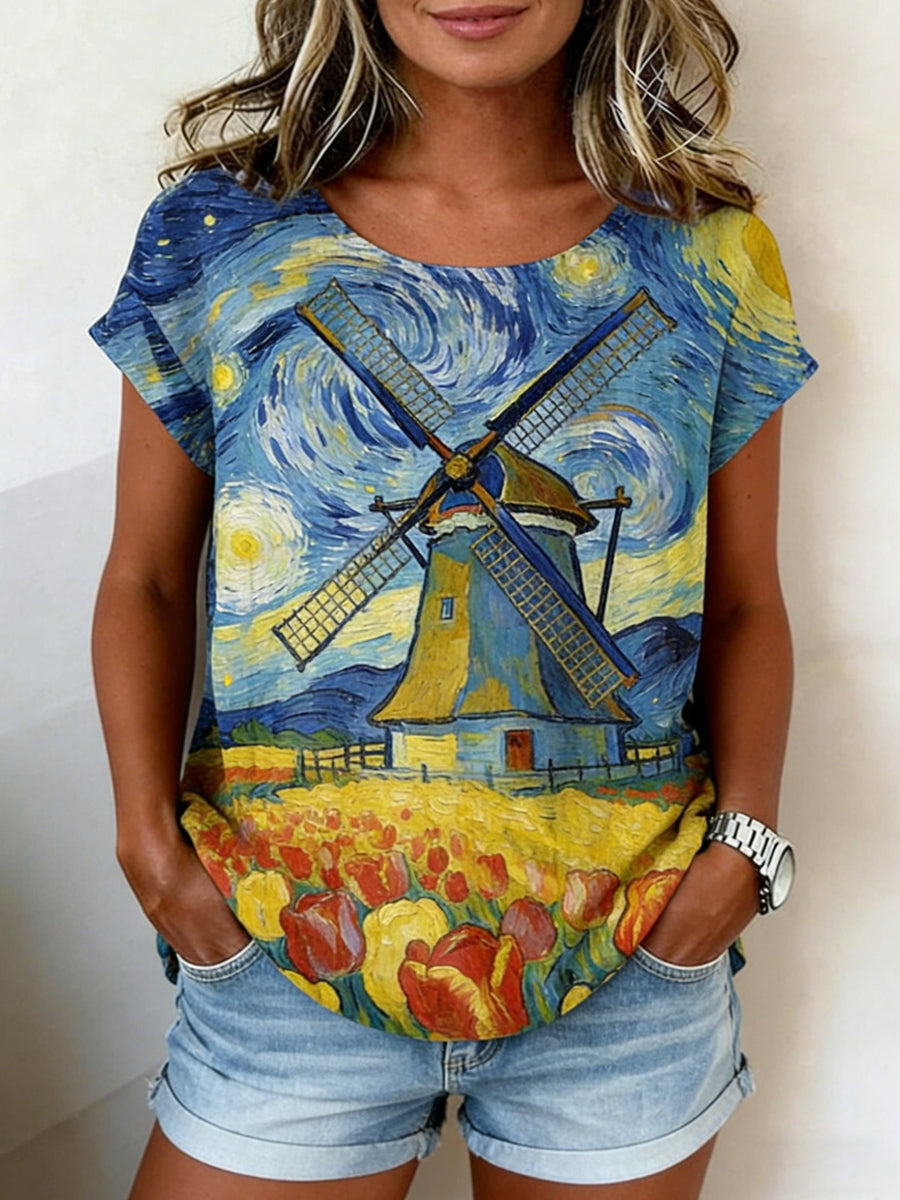 Peinture à l'huile rétro ciel étoilé moulin à vent Tulipe Print Casual chemise à manches courtes
