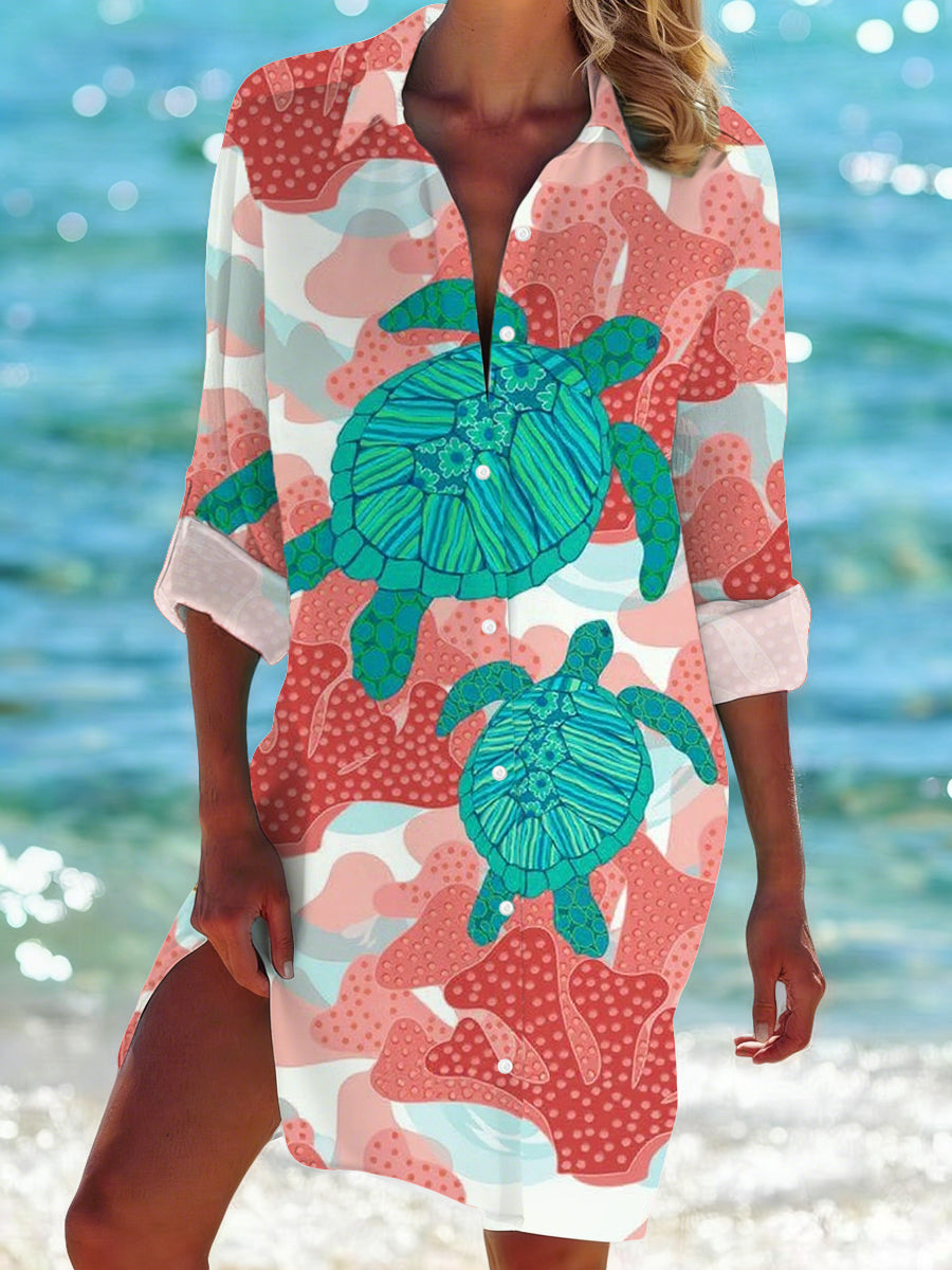 Chemise mi-longue décontractée imprimée tortues de mer pour femmes