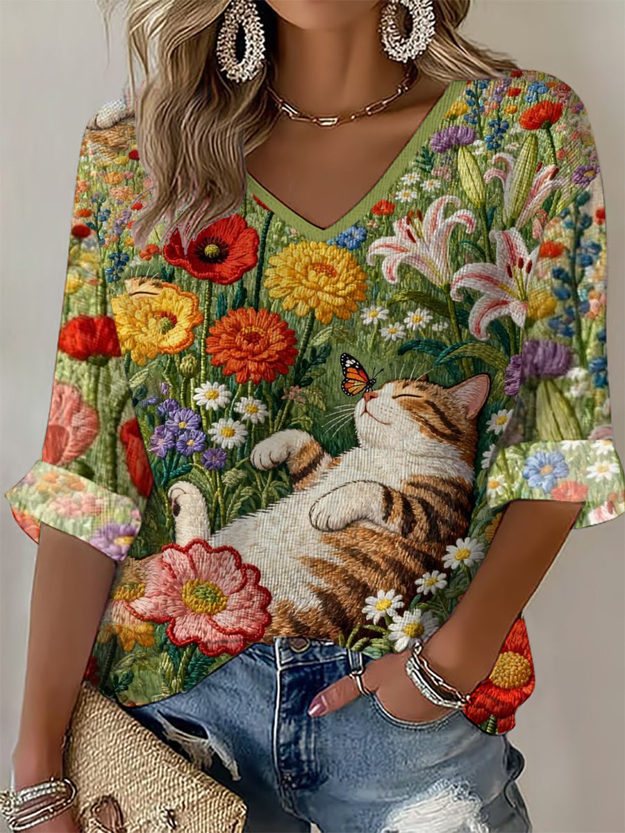 Amusing Cat-Themed Flowers Print Waffle T-shirt Femme