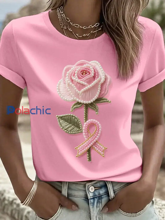 Strass Art Rose Ruban et Floral Motif T Shirt des femmes Rose / S