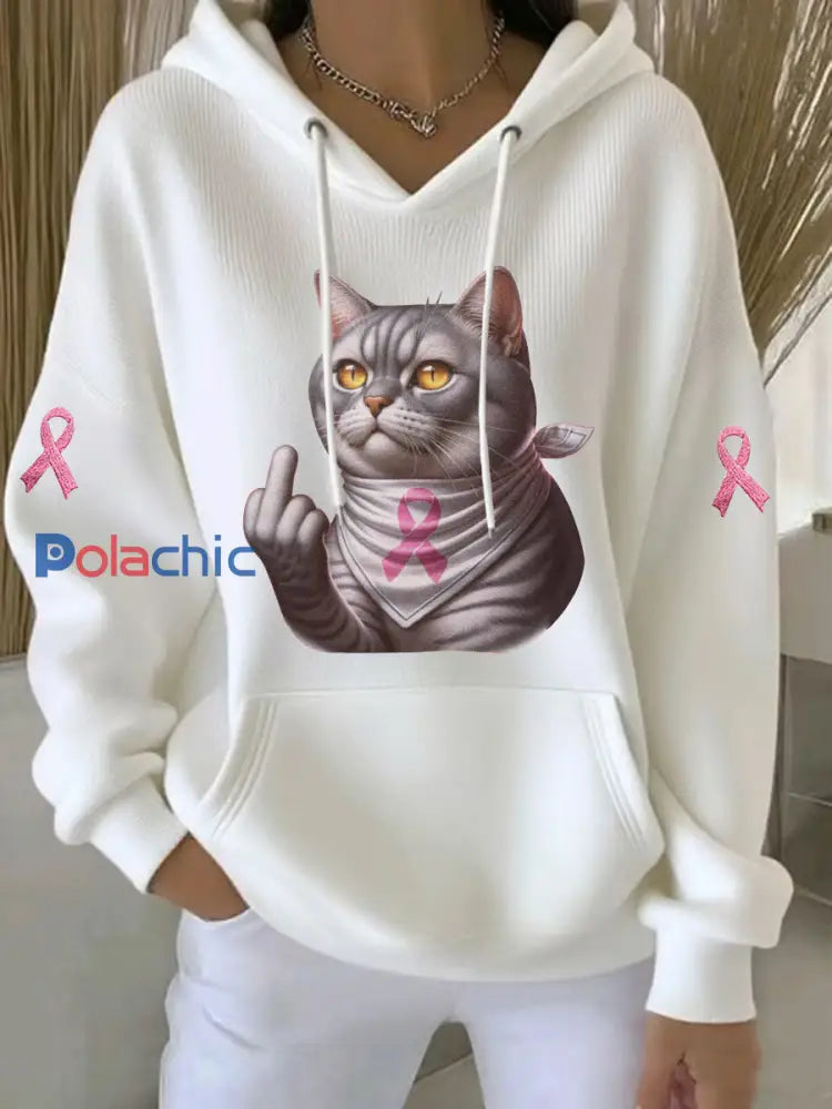 Sweat à Capuche Décontracté Chat Imprimé Ruban Rose pour Femme Blanc / S