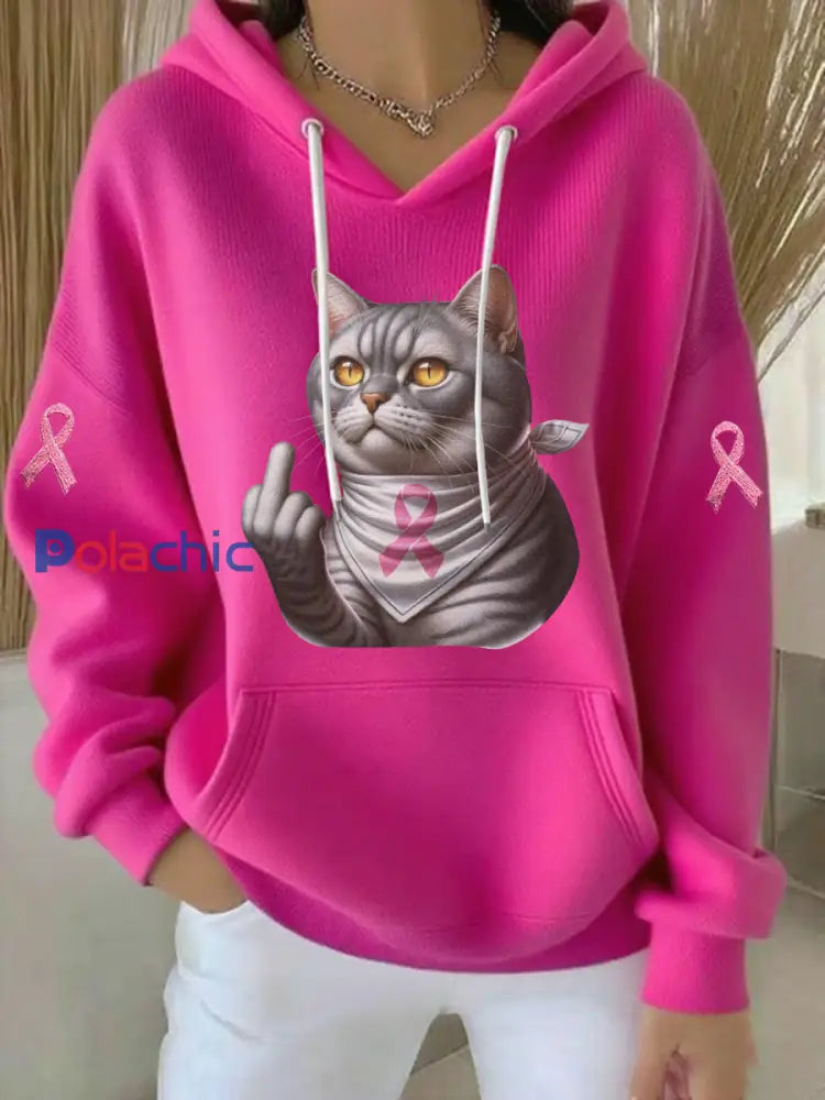 Sweat à Capuche Décontracté Chat Imprimé Ruban Rose pour Femme Rose Rouge / S