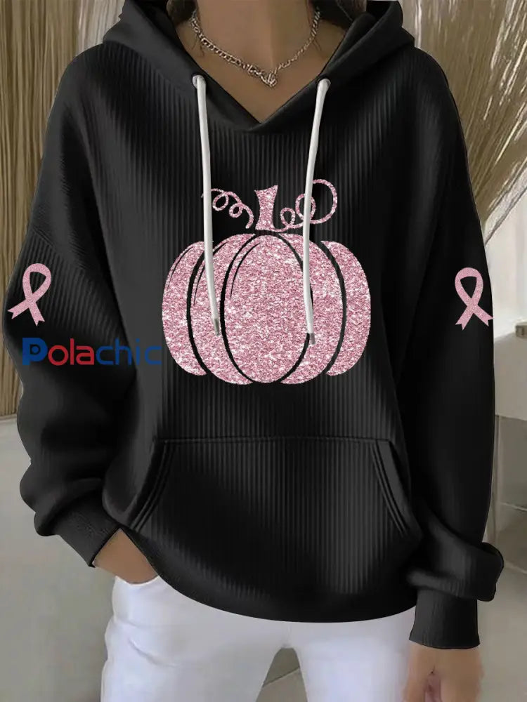 Sweat à Capuche Décontracté Femme Rose Citrouille Imprimé Sensibilisation au Cancer du Sein Noir / S
