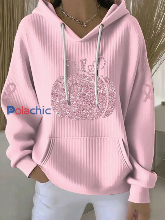 Sweat à Capuche Décontracté Femme Rose Citrouille Imprimé Sensibilisation au Cancer du Sein Rose / S