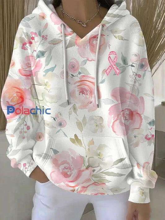 Sweat à Capuche Décontracté Femme Rose Imprimé Floral Cancer Du Sein comme image / S