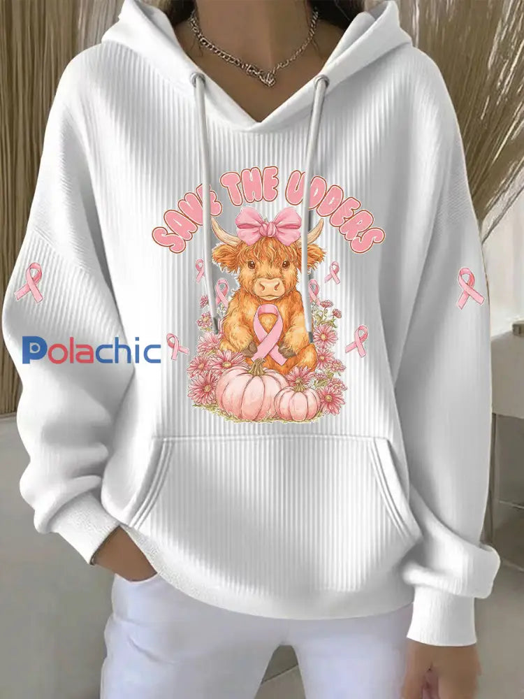 Sweat à Capuche Décontracté Femme Rose Ruban Imprimé Sensibilisation au Cancer du Sein Blanc / S