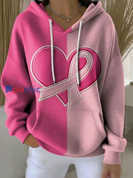 Sweat à Capuche Décontracté Femme Rose Ruban Imprimé Sensibilisation au Cancer du Sein Rose / S