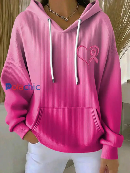 Sweat à Capuche Décontracté Femme Rose Ruban Imprimé Sensibilisation au Cancer du Sein Rose / S