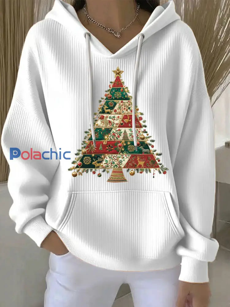 Sweat à capuche décontracté imprimé arbre de Noël pour femmes Blanc / S