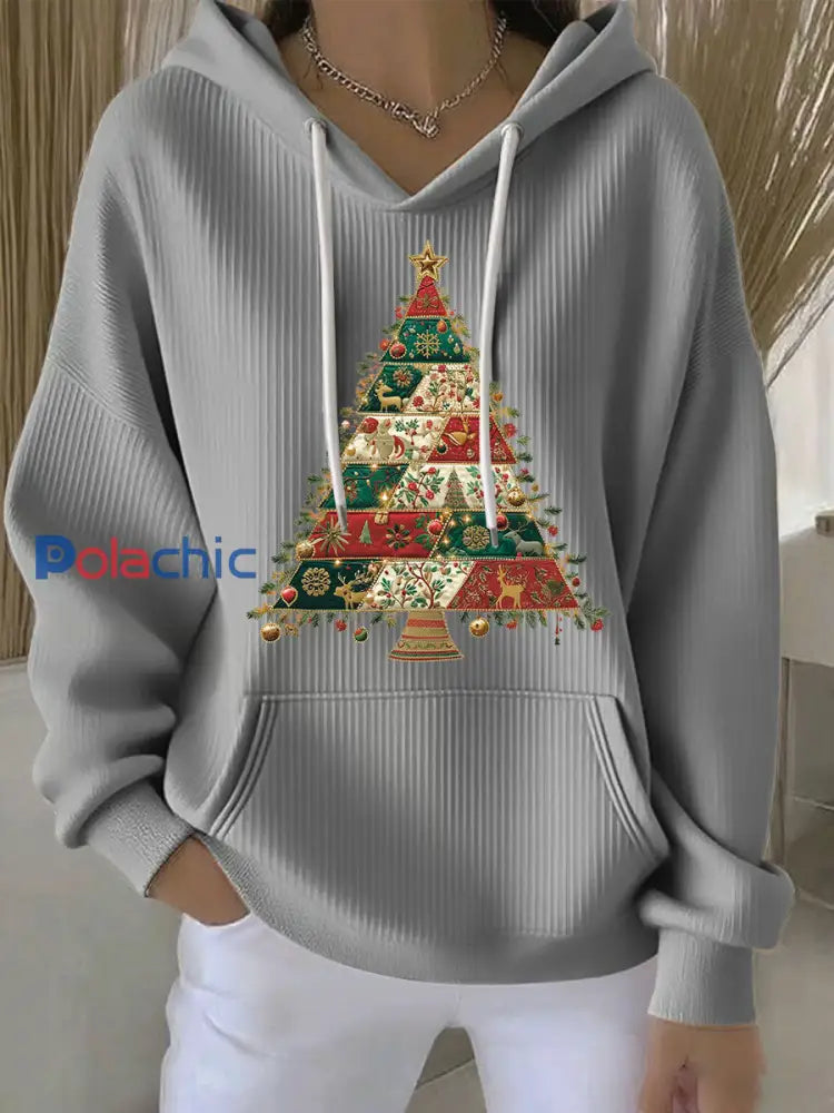 Sweat à capuche décontracté imprimé arbre de Noël pour femmes Gris / S