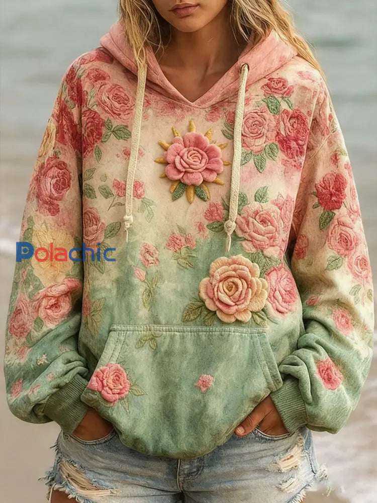 Sweat à capuche décontracté à imprimé floral rose pour femmes comme image / S