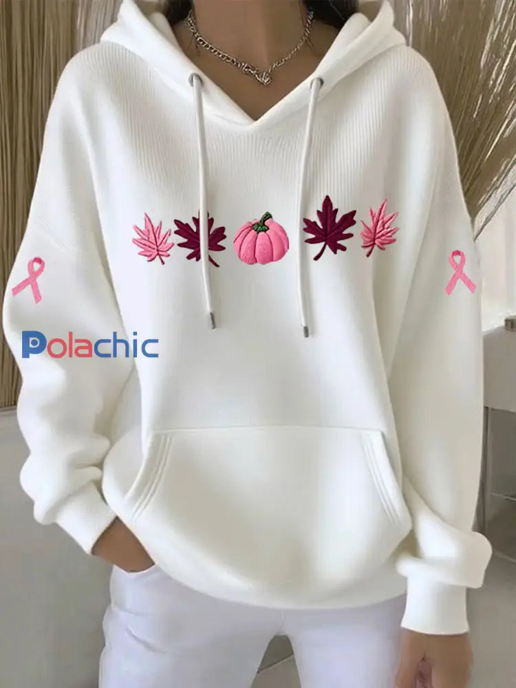 Sweat à capuche décontracté imprimé ruban rose pour femmes Blanc / S