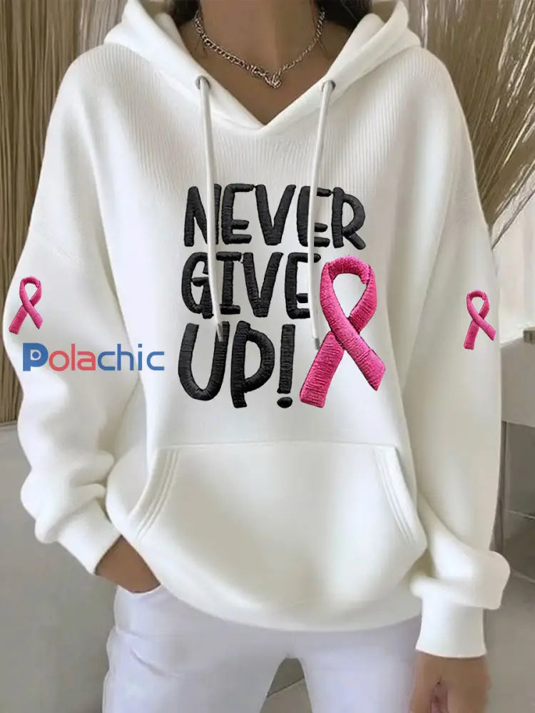 Sweat à capuche décontracté imprimé ruban rose pour femmes Blanc / S