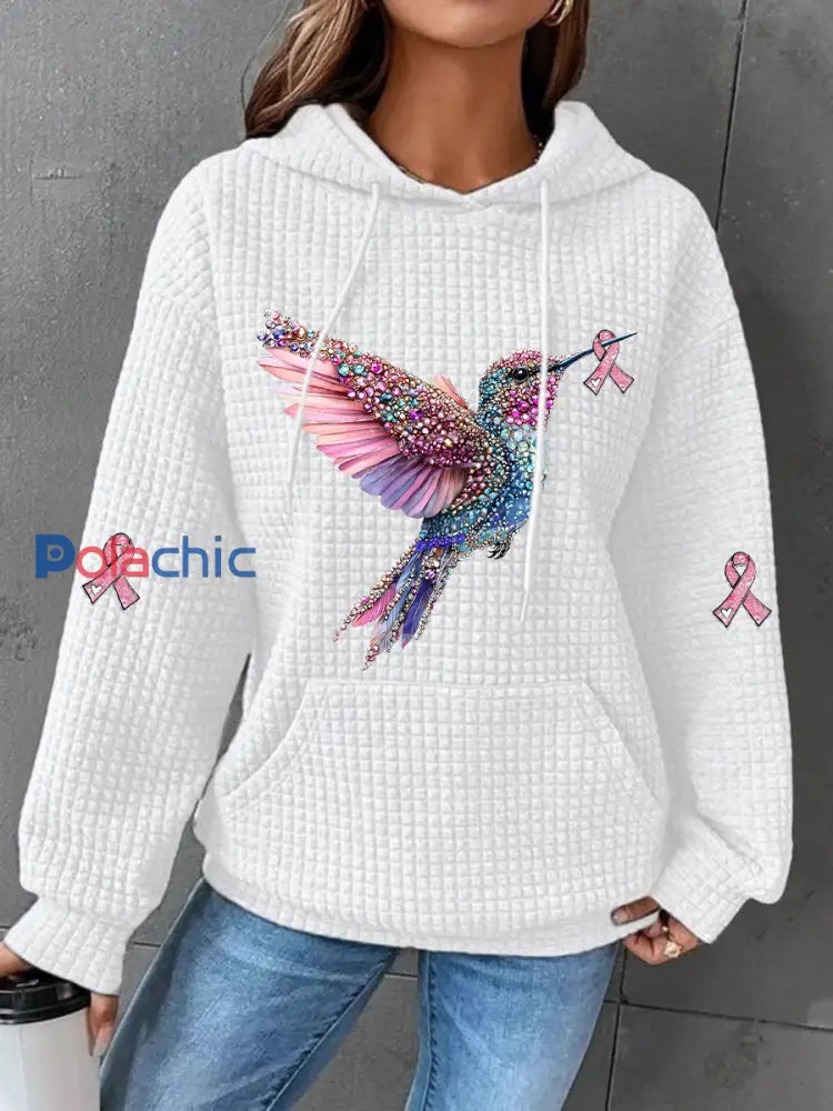 Sweat à capuche décontracté imprimé ruban rose pour femmes Blanc / S