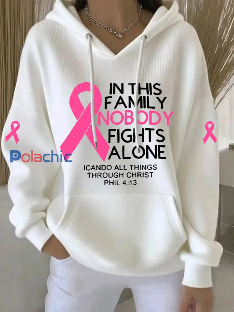 Sweat à capuche décontracté imprimé ruban rose pour femmes Blanc / S
