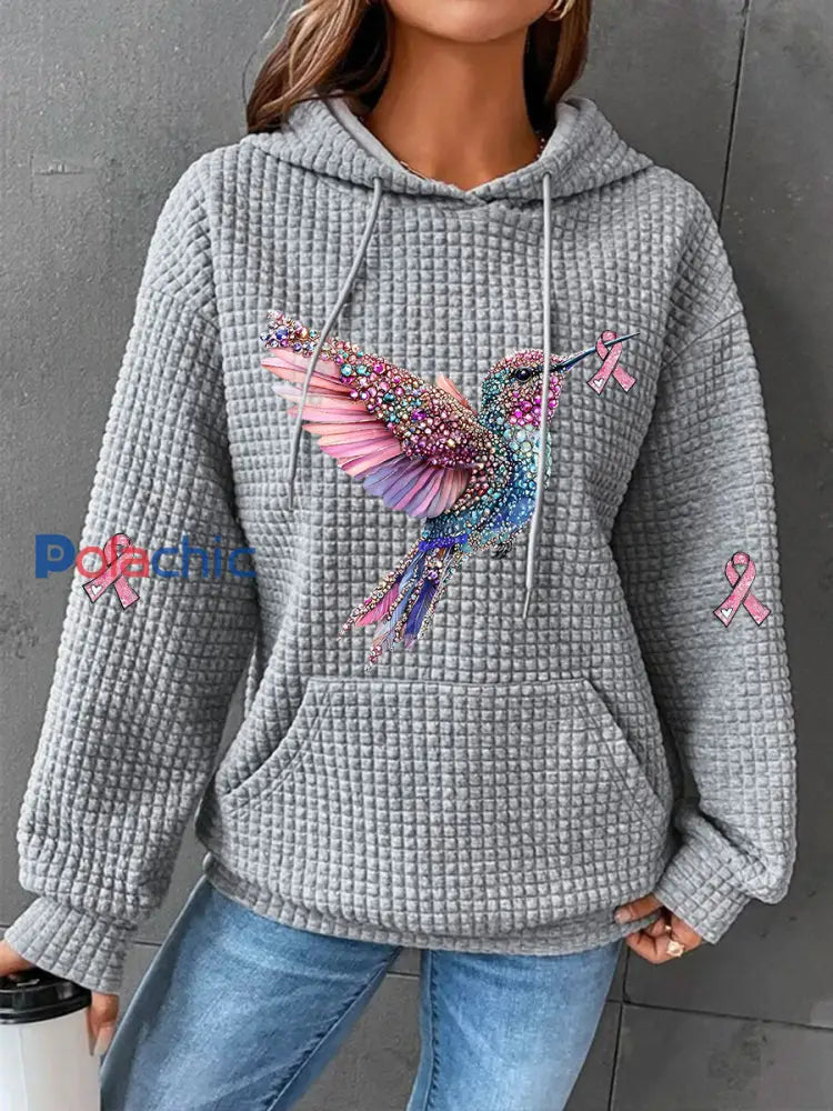 Sweat à capuche décontracté imprimé ruban rose pour femmes Gris / S