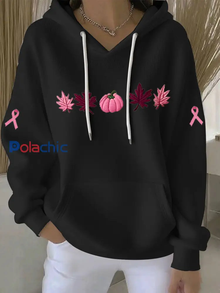 Sweat à capuche décontracté imprimé ruban rose pour femmes Noir / S