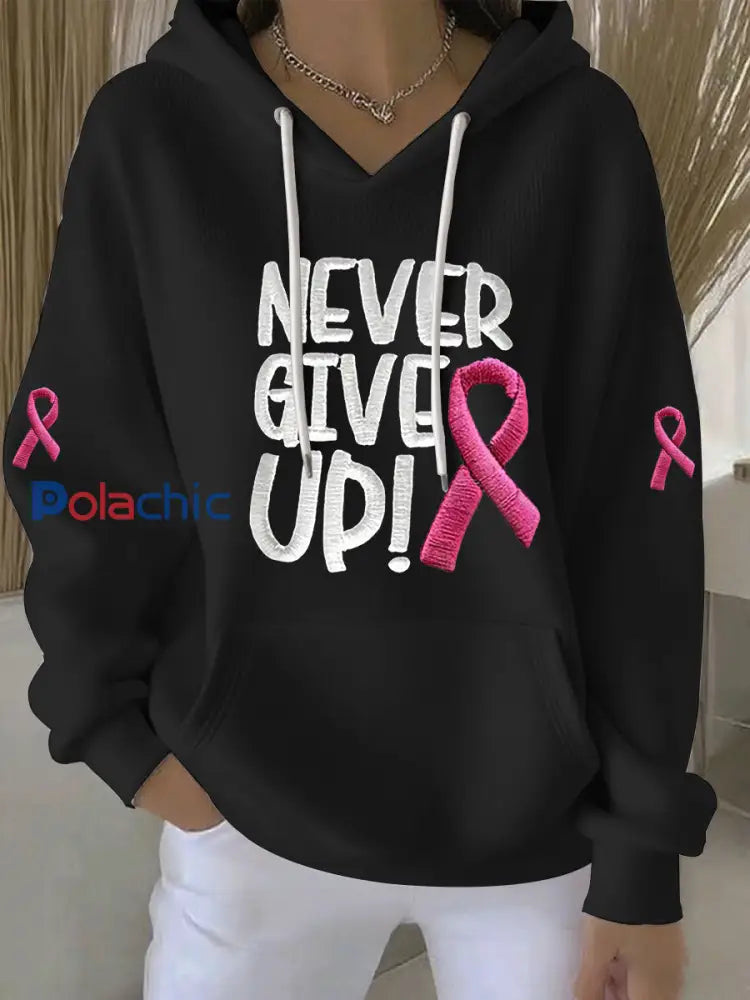 Sweat à capuche décontracté imprimé ruban rose pour femmes Noir / S