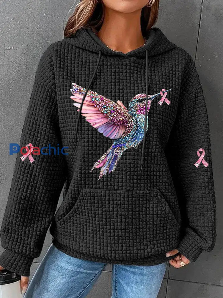 Sweat à capuche décontracté imprimé ruban rose pour femmes Noir / S