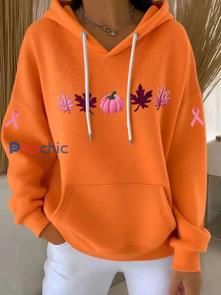 Sweat à capuche décontracté imprimé ruban rose pour femmes Orange / S