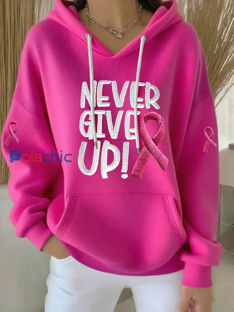 Sweat à capuche décontracté imprimé ruban rose pour femmes Rose Rouge / S