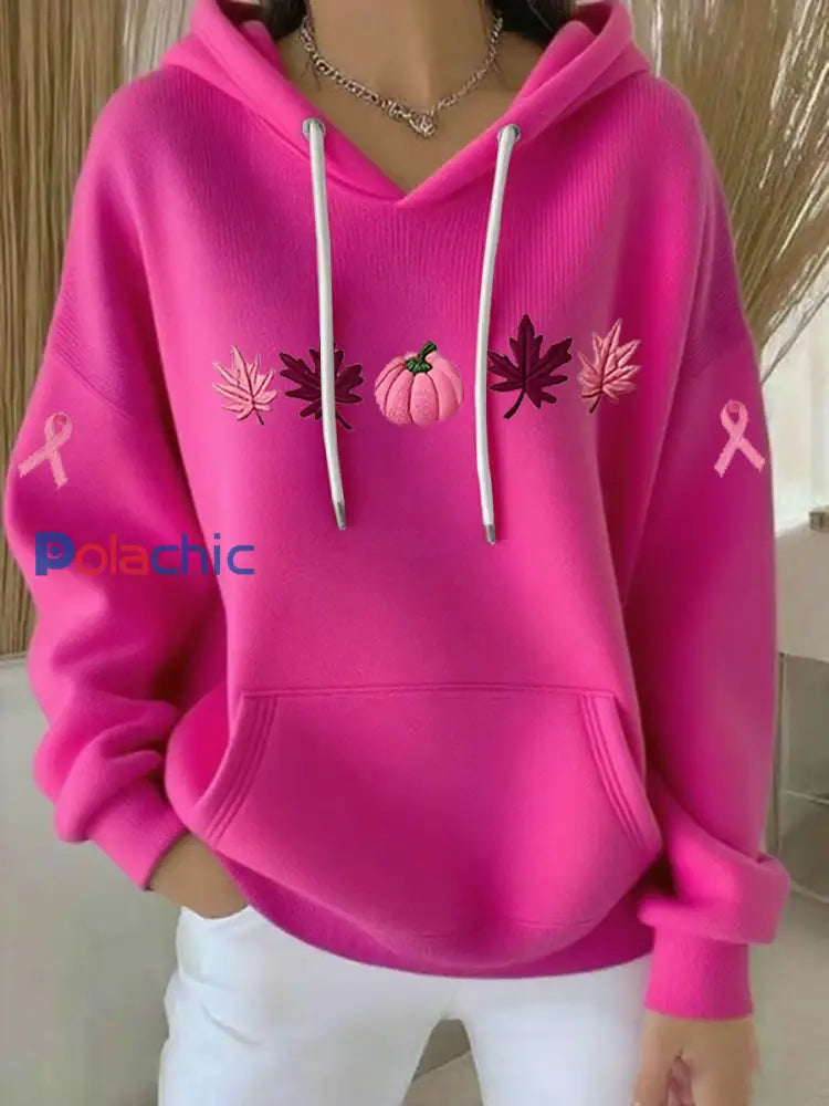 Sweat à capuche décontracté imprimé ruban rose pour femmes Rose Rouge / S