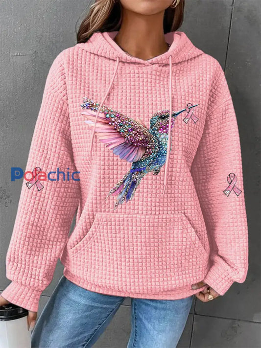 Sweat à capuche décontracté imprimé ruban rose pour femmes Rose / S