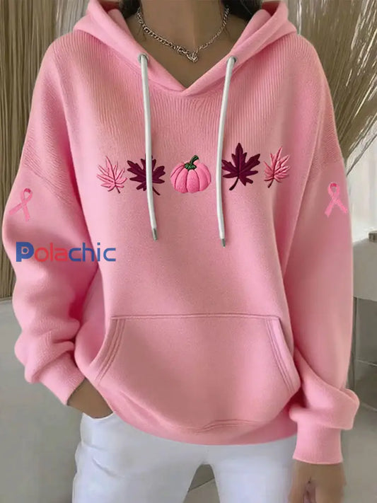 Sweat à capuche décontracté imprimé ruban rose pour femmes Rose / S